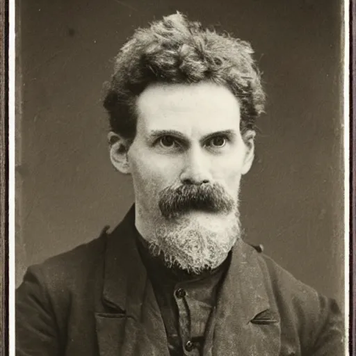 Image similar to A photograph portrait of Jerma985 with crazy hair and a pyramidal mustache in the late 1800s, taken in the late 1800s, 1870s, grainy, taken on a Field View Camera, realistic, hyperrealistic, very realistic, highly detailed, very detailed, extremely detailed, detailed, digital art, trending on artstation