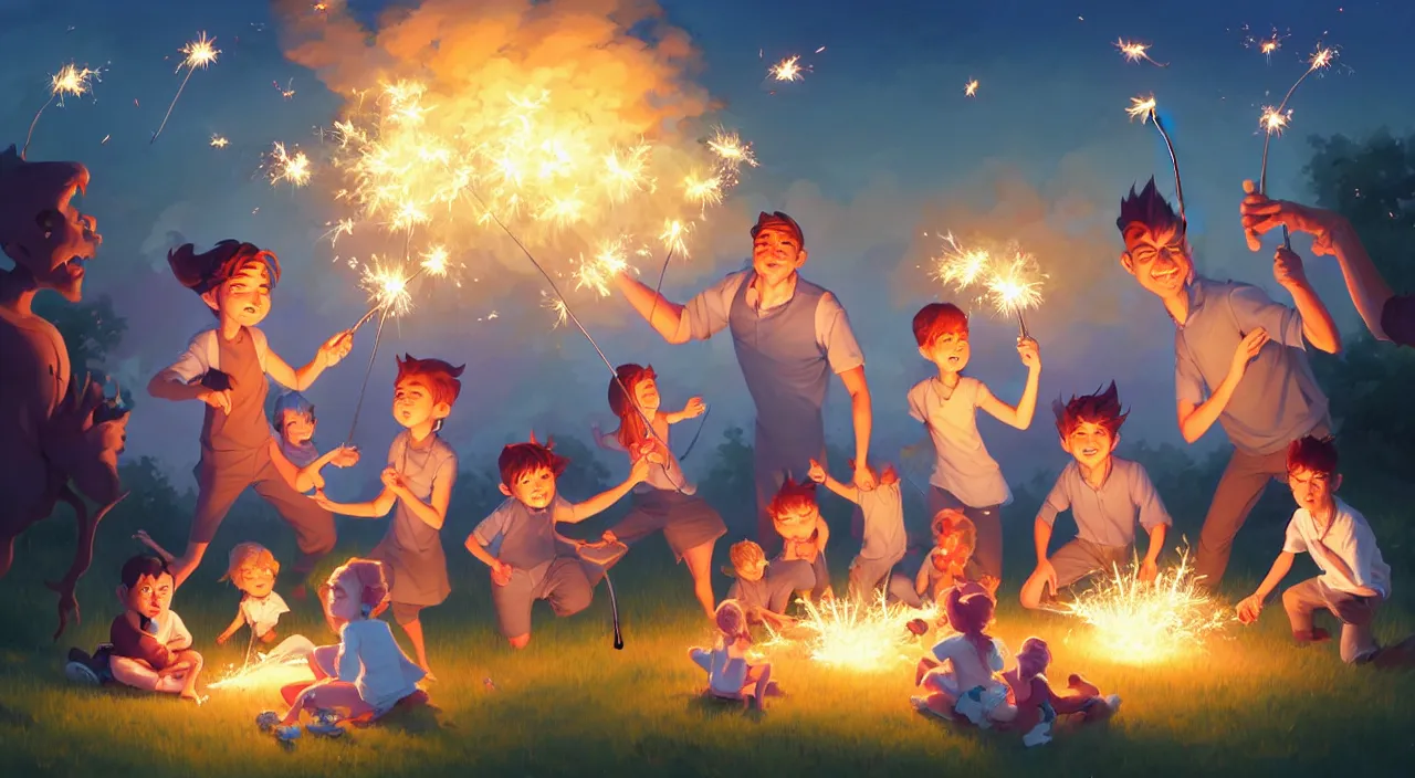 Image similar to family out in their back yard having a birthday party carrying sparklers, in marble incrusted of legends official fanart behance hd by Jesper Ejsing, by RHADS, Makoto Shinkai and Lois van baarle, ilya kuvshinov, rossdraws global illumination