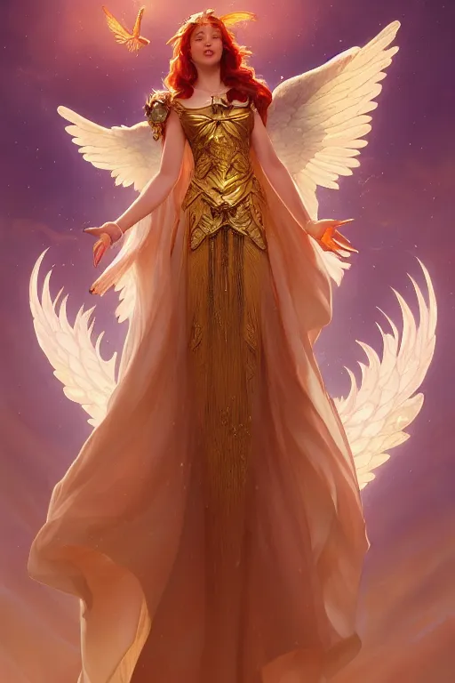 Prompt: beautiful angel princess flying in the sky, full body shot, red hair, d & d, fantasy, intricate, elegant, golden inlays, highly detailed, digital painting, artstation, concept art, matte, sharp focus, illustration, hearthstone, art by artgerm and greg rutkowski and alphonse mucha