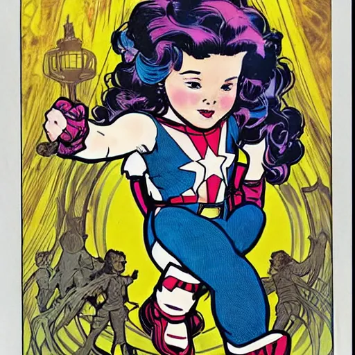 Prompt: a little girl with a mischievous face and light brown curly wavy hair. she is dressed as captain america, spider - man, batman, captain marvel, a superhero. well composed, clean elegant comic book art, beautiful detailed face. by steve ditko and jack kirby and alphonse mucha