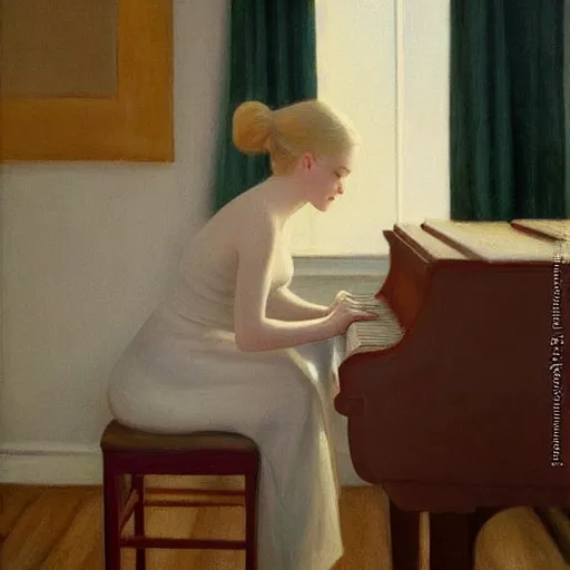 Image similar to Painting of Elle Fanning playing the piano, long blonde hair, delicate, pale milky white porcelain skin, by Edward Hopper. 8K. Extremely detailed.