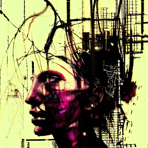 Image similar to a young punk woman lost in a cyberpunk noir glitchcore world of wires, and machines, by jeremy mann, francis bacon and agnes cecile, and dave mckean ink drips, paint smears, digital glitches glitchart