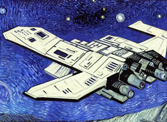 Prompt: an oil painting of a Star Wars spacecraft called the Lambda-class T-4a Imperial Shuttle from, by Vincent van Gogh,