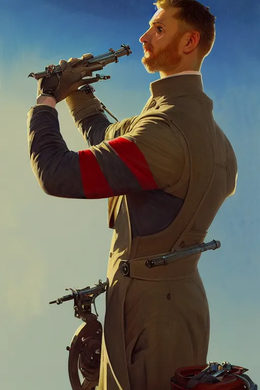 Image similar to man as human cannonball in the modern artillery cannon, realistic painting, symmetrical, highly detailed, digital painting, artstation, concept art, smooth, sharp focus, illustration, cinematic lighting, art by artgerm and greg rutkowski and alphonse mucha