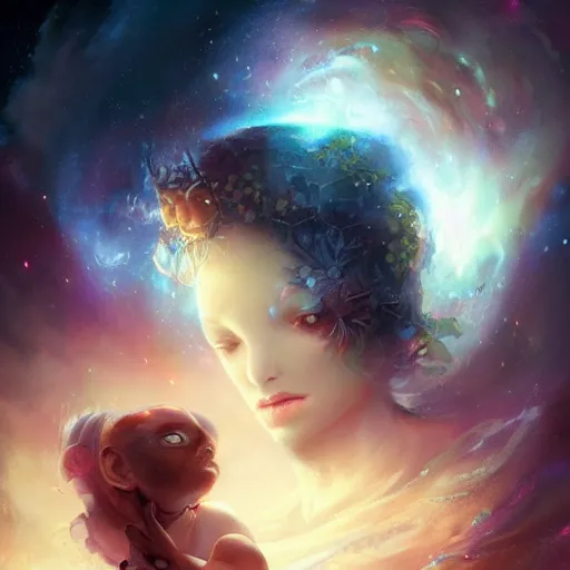 Image similar to face of a cute girl with eyes wide open, eyes like a cosmic nebula by peter mohrbacher and emmanuel shiu and martin johnson heade and bastien lecouffe - deharme