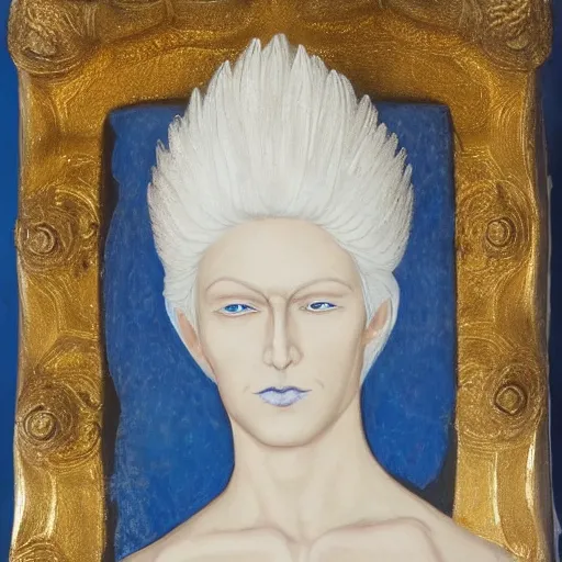 Image similar to portrait of a white haired angel with a blue stone crown, perfect face