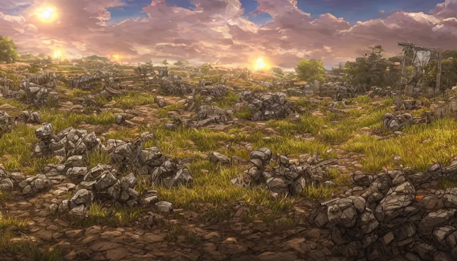 Image similar to the beautiful, chilling, mundane panoramic view of a field after war filled with dead soldier calvary and rocks at dusk. hyperrealistic anime background illustration by kim jung ki, borderlands, colorful, extremely detailed intricate linework, smooth, super sharp focus, bright colors, high contrast, matte, octopath traveler, unreal engine 5 highly rendered, global illumination, radiant light