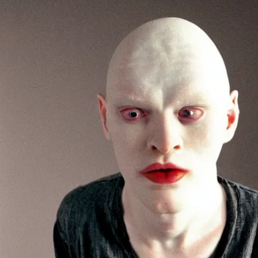 Image similar to color photo of albino weirdo philosopher man, shaved eyebrows, thin lips, jimmy durante nose, pale skin, realistic, high detail, high quality, award - winning lighting, trending on pinterest