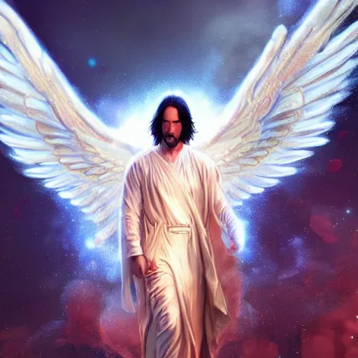 Prompt: Keanu Reeves as an angel, 8k, intricate, cinematic lighting, highly detailed, digital painting, artstation, concept art, smooth, sharp focus, illustration, art by Artgerm