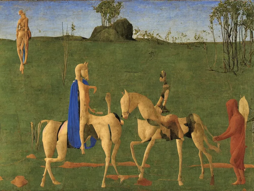 Prompt: Horse with monk in the mud, in the swamp. Lapis Lazuli, malachite, cinnabar. Painting by Piero della Francesca, Agnes Pelton