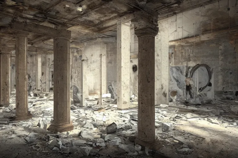 Image similar to inside a an abandoned marble sculpture workshop from the 1 8 0 0 s found in italy, artgerm, yoshitaka amano, gothic interior, 8 k, octane render, unreal engine