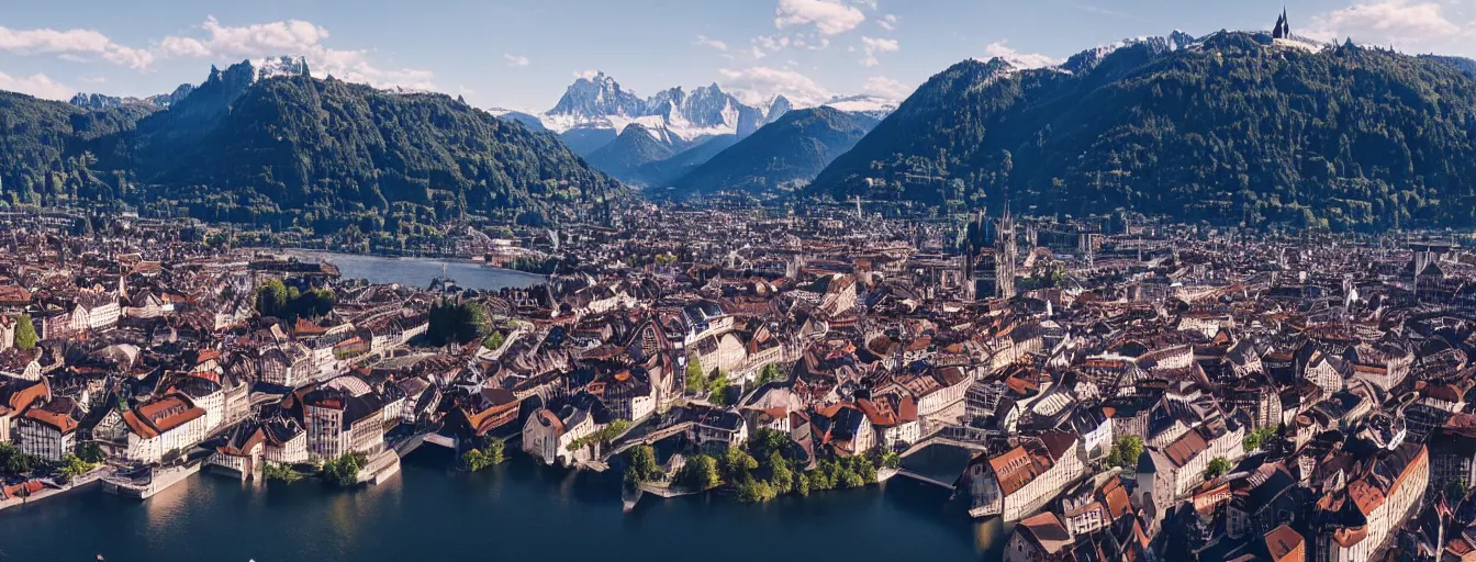 Image similar to Photo of Zurich, looking down the river at the lake and the alps, Hardturm, Grossmünster, wide angle, volumetric light, hyperdetailed, mountain water, artstation, cgsociety, 8k