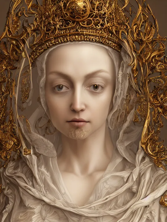 Prompt: a beautiful render of baroque catholic veiled queen sculpture with symmetry intricate detailed,by Ekaterina Belinskaya,Nekro , peter gric , aaron horkey , Billelis,Trending on artstation,ZBrush,fractalism,maximalism,glittering,gold,ivory,fire,hyperreal