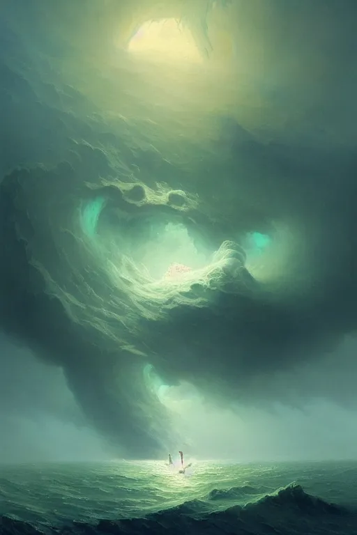 Image similar to A stunning detailed Shoggoth emerging from the ocean by Ivan Aivazovsky, Peter Mohrbacher, stormy ocean, beautiful lighting, full moon, detailed swirling water tornado, artstation