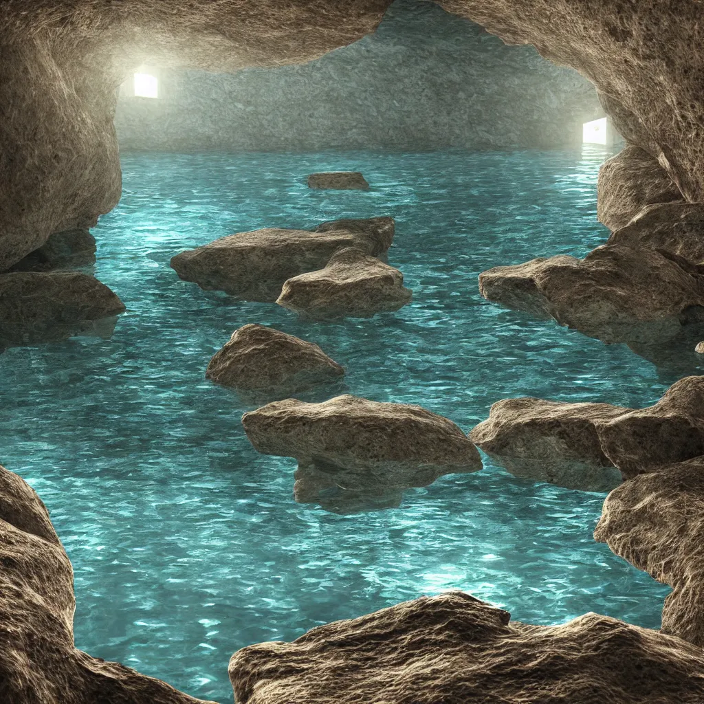 Image similar to greek island cave water reflecting on the stone, caustics, light, octane render, blender, c 4 d, maya