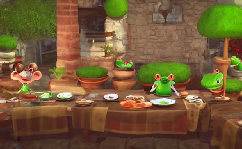 Prompt: ps 5 game about a cute frog chef in italy, unity screenshot,