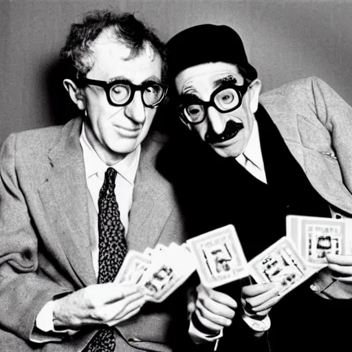 Image similar to black and white photo of Woody Allen and Groucho Marx playing cards, photorealistic