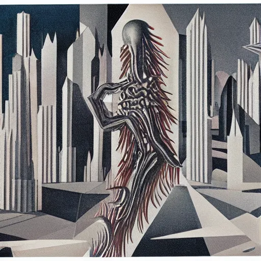 Prompt: A beautiful experimental art of a large, monster looming over a cityscape. The monster has several eyes and mouths, and its body is covered in spikes. It seems to be coming towards the viewer, who is looking up at it in fear. icy by Richard Hamilton, by Ruth Bernhard rich details