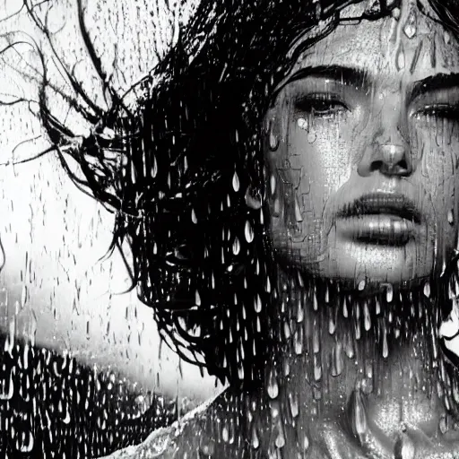 Prompt: close up of face of a wet adriana in luxury dress, heavy rain, dramatic lighting, official dior editorial, highly detailed