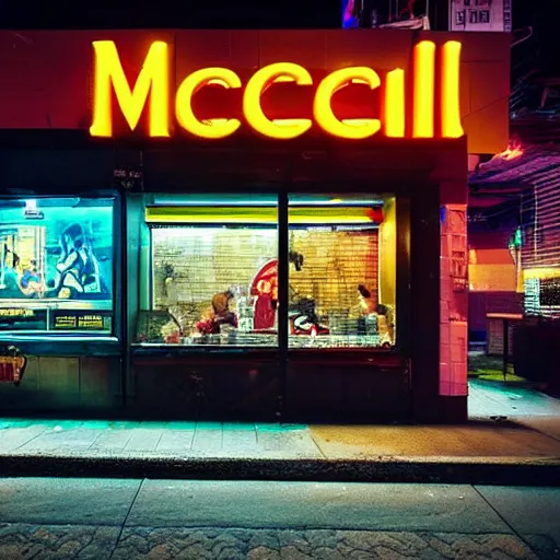 Image similar to Cyberpunk street corner at night with a McDonald\'s restaurant