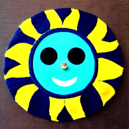 Prompt: a sun cute sun smiling with one tooth in color scheme black and blue