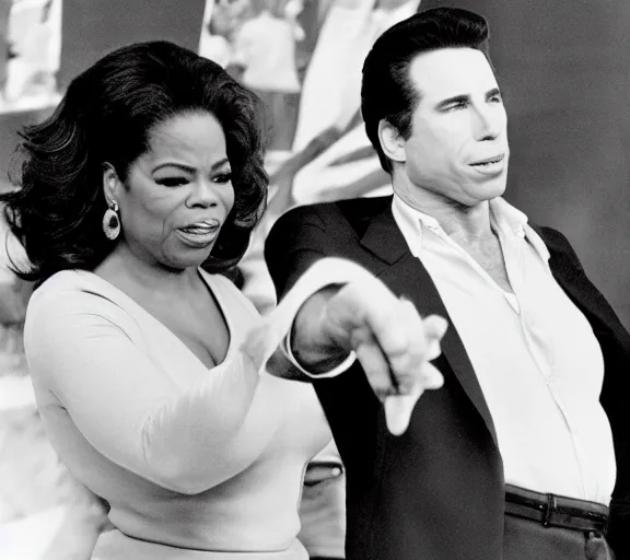 Image similar to john travolta and Oprah Winfrey doing whip-it’s, photograph by Dorothea Lange