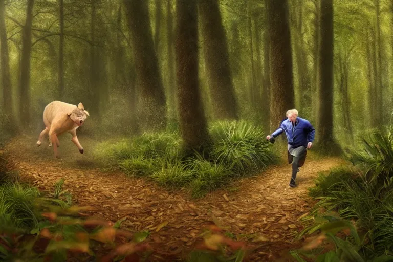 Image similar to boris johnson chasing you in a forest, trailcam footage, created by Mark Keathley