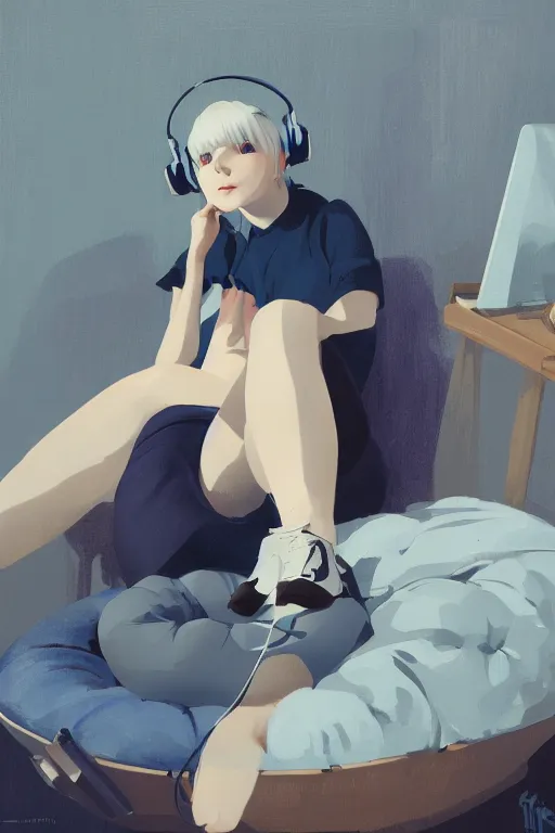 Image similar to a cute young woman lying in a ball chair listening to music with her eyes closed and wearing headphones, white bob cut hair, freckles, cozy setting, blue and white, warm lighting, cinematic, moody, nier automata, poster, oil on canvas, in the style of Ilya Kuvshinov, Krenz Cushart, Range Murata, Eero Aarnio, 8k