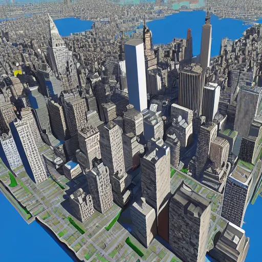 Image similar to detailed build of new york city skyline built in minecraft, isometric view