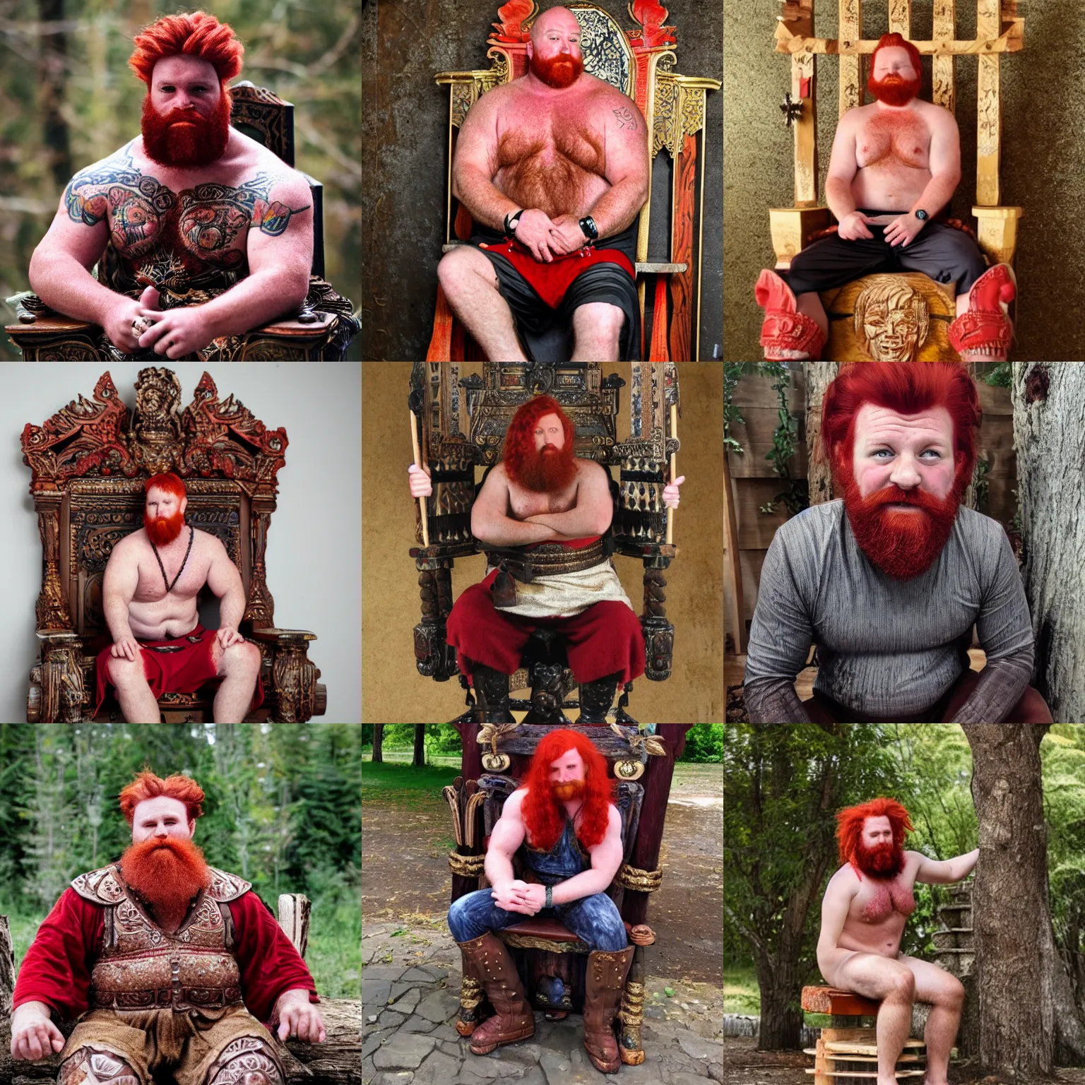 Prompt: red haired burly man sitting on a decorated wooden throne