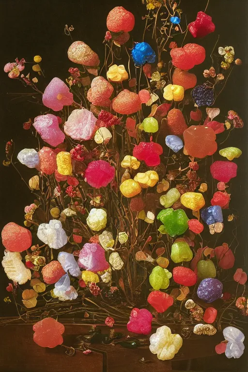 Image similar to still life of a bouquet of gummy bear in the shape of different flowers, but the flowers are actually gummy bears and jelly beans, delicious rubbery translucent squishy sweets, soft light, highly detailed, close up, Northern Renaissance