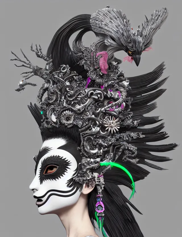 Image similar to 3 d goddess close - up profile portrait punk with mohawk with ram skull. beautiful intricately detailed japanese crow kitsune mask and clasical japanese kimono. betta fish, jellyfish phoenix, bio luminescent, plasma, ice, water, wind, creature, artwork by tooth wu and wlop and beeple and greg rutkowski