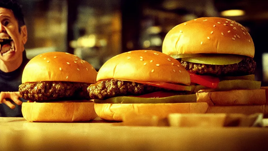 Image similar to the cheeseburger creature at the fast food restaurant, they steal my food, film still from the movie directed by denis villeneuve and david cronenberg with art direction by salvador dali and zdzisław beksinski, wide lens