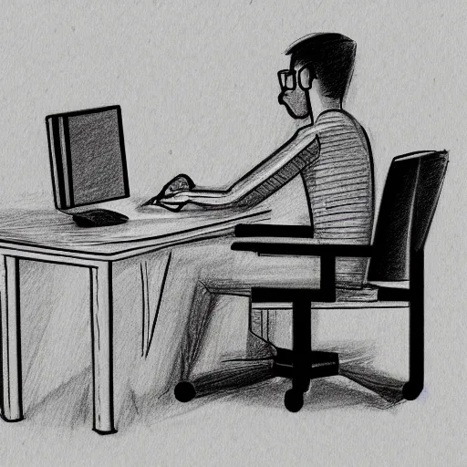 Image similar to a website designer sat in front of a computer desk pencil sketch