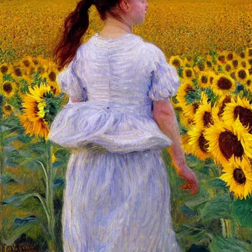 Image similar to a girl in amazing tall sunflower field, her hair flowing down, subtle, intricate details, real masterpiece, impressionist painting, by gustave caillebotte