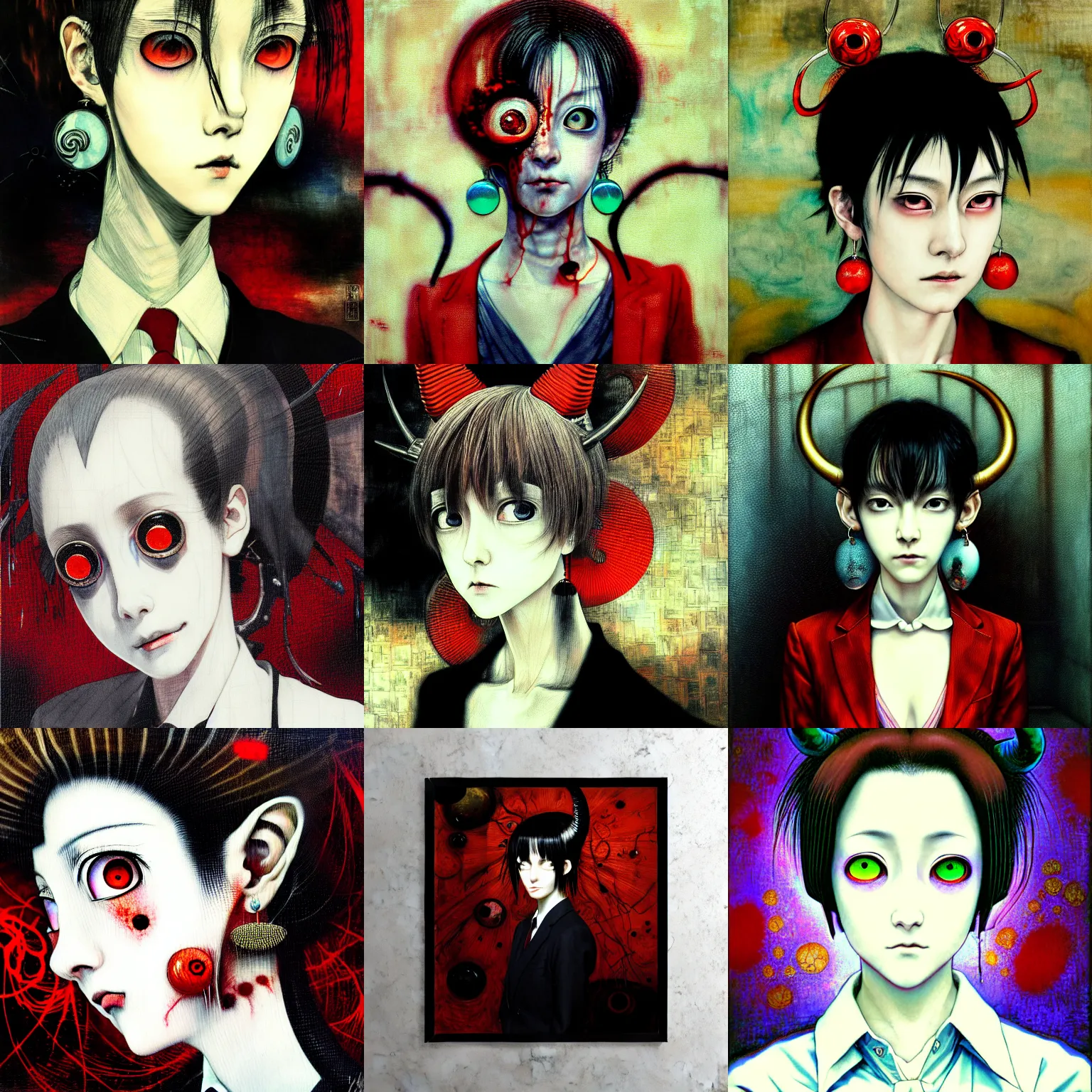 Prompt: yoshitaka amano blurred and dreamy realistic three quarter angle horror portrait of a sinister young woman with short hair, big earrings, horns and red eyes wearing office suit with tie, junji ito abstract patterns in the background, satoshi kon anime, noisy film grain effect, highly detailed, renaissance oil painting, weird portrait angle, blurred lost edges