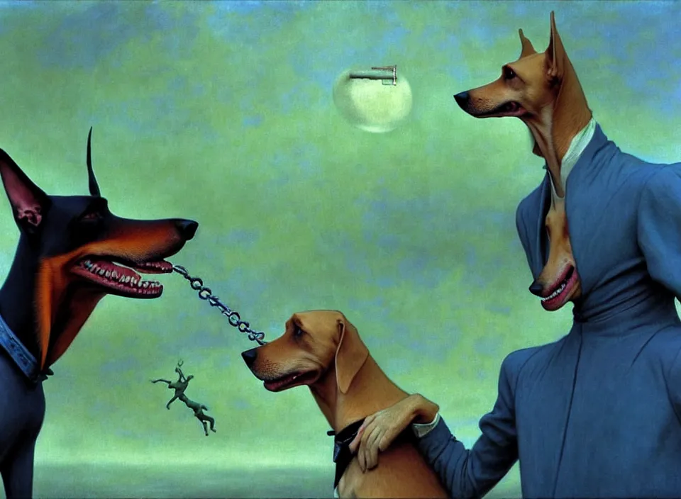 Image similar to realistic detailed portrait movie shot of an elegant blond male vampire a barking doberman on a leash, sci fi landscape background by denis villeneuve, amano, yves tanguy, alphonse mucha, max ernst, roger dean, masterpiece, rich cold moody colours, dog teeth, blue eyes