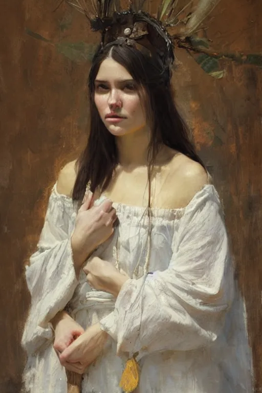 Prompt: Richard Schmid and Jeremy Lipking full length portrait painting of a young beautiful woman bible priestess in elaborate costume