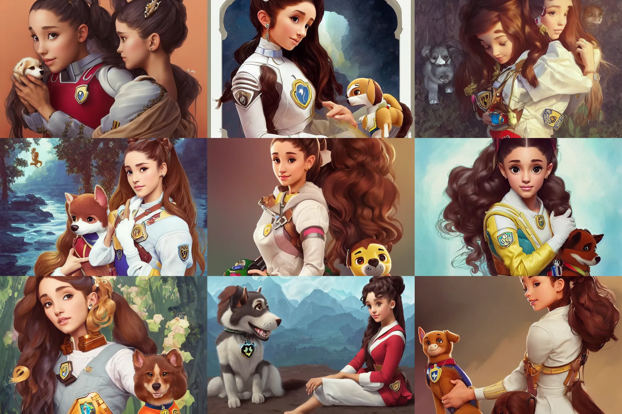 Prompt: beautiful cottagecore Ariana Grande holding a Paw Patrol Dog named Chase, intricate, elegant, highly detailed, digital painting, artstation, concept art, smooth, sharp, focus, illustration, art by artgerm and greg rutkowski and alphonse mucha