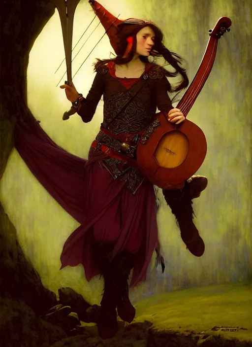 Prompt: elf bard playing lute, full body, hyper realistic, extremely detailed, dnd character art portrait, dark fantasy art, intricate fantasy painting, dramatic lighting, vivid colors, deviantart, artstation, by edgar maxence and caravaggio and michael whelan and delacroix.