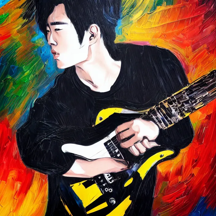 Image similar to abstract swirly brush strokes painting of a young korean man wearing black t shirt holding a telecaster!!! electric guitar!!, dark background, huge thick flowing dramatic brush strokes, matte colors, abstract, emotional masterpiece, impressionist, trending on artstation