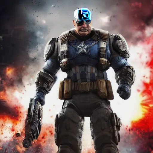 Image similar to portrait of donald trump as captain america in gears of war, splash art, maga, patriot, movie still, cinematic lighting, dramatic, glowing, ray tracing, octane render, long lens, shallow depth of field, bokeh, anamorphic lens flare, 8 k, hyper detailed, 3 5 mm film grain