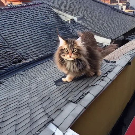 Image similar to a cute maine coon cat walking on the roof of acient chinese in the morning, arcane style