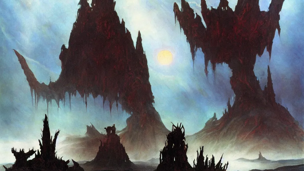 Image similar to surreal eerie alien planet empire, a creature emerges from the dark by frank frazetta and bruce pennington, cinematic matte painting