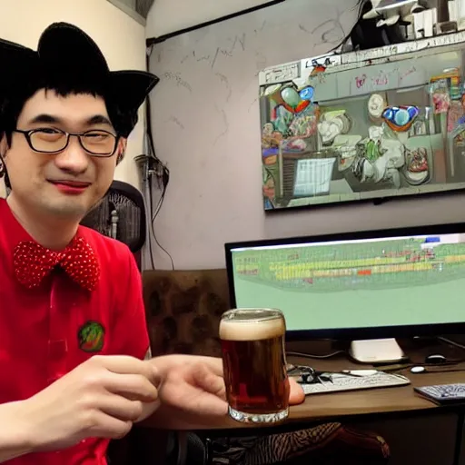 Image similar to highly detailed portrait of touhou project creator and video game designer zun drinking a single beer