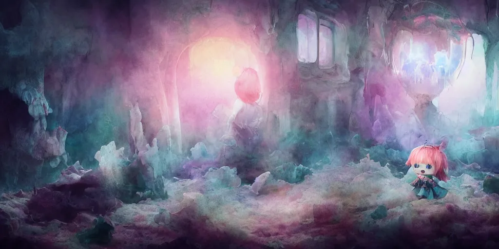 Prompt: dreamlike nightmare watercolor painting cute fumo plush girl in tattered ghostly robes with burning halo in the flooded watchtower of a fallen civilization in a deep rocky cavern, washed out melting paint, long glowing wisps volumetric smoke, complementary colors, ssao, deep focal depth f / 2. 8 captured on canon eos r 6, vray