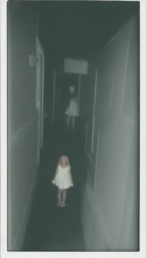 Image similar to found polaroid photo of a girl floating in a dark hallway, possessed