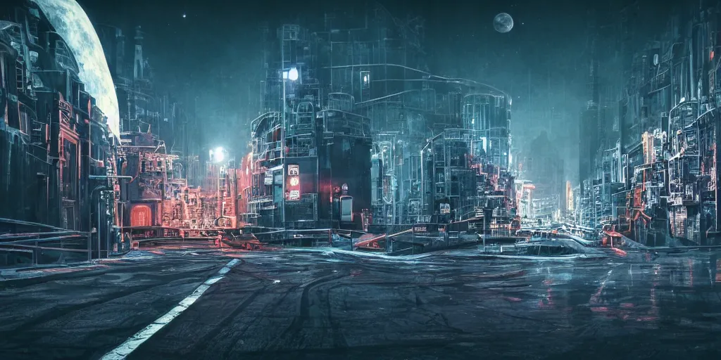 Prompt: cinematic shot of a futuristic neon st. petersburg city in the moon's hollow, russian orbit city cityscape, telephoto, iconic scene from the paranoid thriller sci fi film directed by stanley kubrick, anamorphic cinematography, beautiful composition, color theory, leading lines, photorealistic, moody volumetric lighting