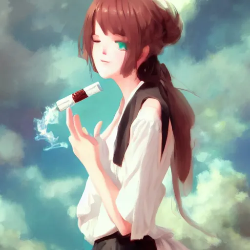 Image similar to woman in a dress smoking a cigarette by krenz cushart, wlop, dark room, white smoke, chromatic aberration, white smoke, trending on ArtStation Pixiv, anime girl