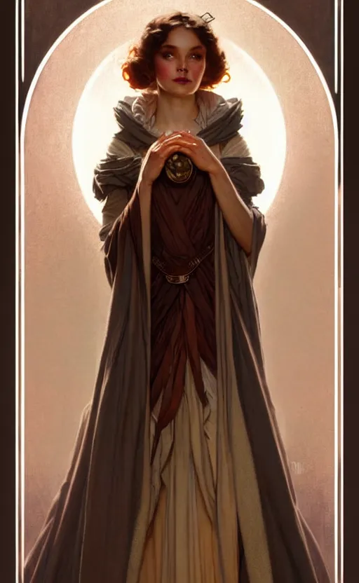 Prompt: girl wearing gown gorgeous lighting by weta studio, mucha, bautista and norman rockwell and greg rutkowski and tom bagshaw and james gurney and lucasfilm